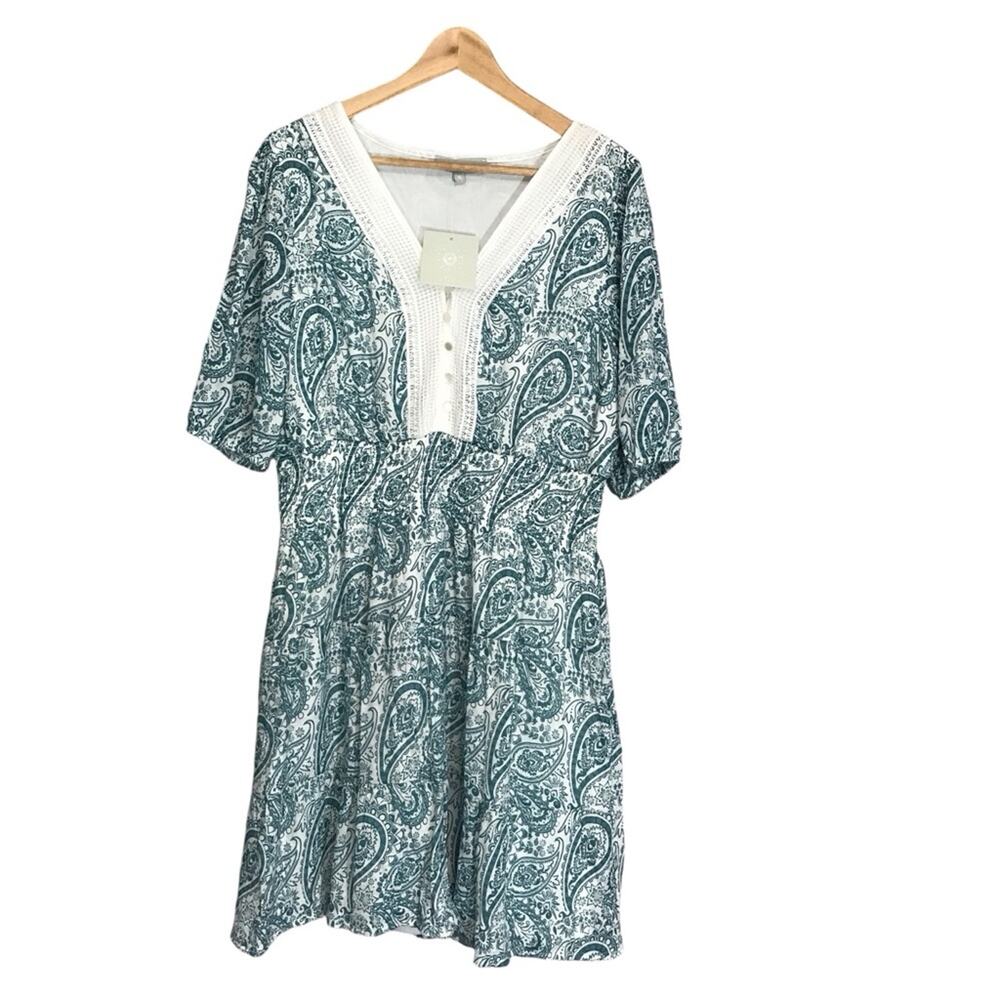 NWT J Gee Woven Peasant Dress Crochet Boho Paisley Teal Green XL